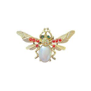 Vintage Gold-Tone Bee Brooch With Faux Pearl & Red Crystal Accents